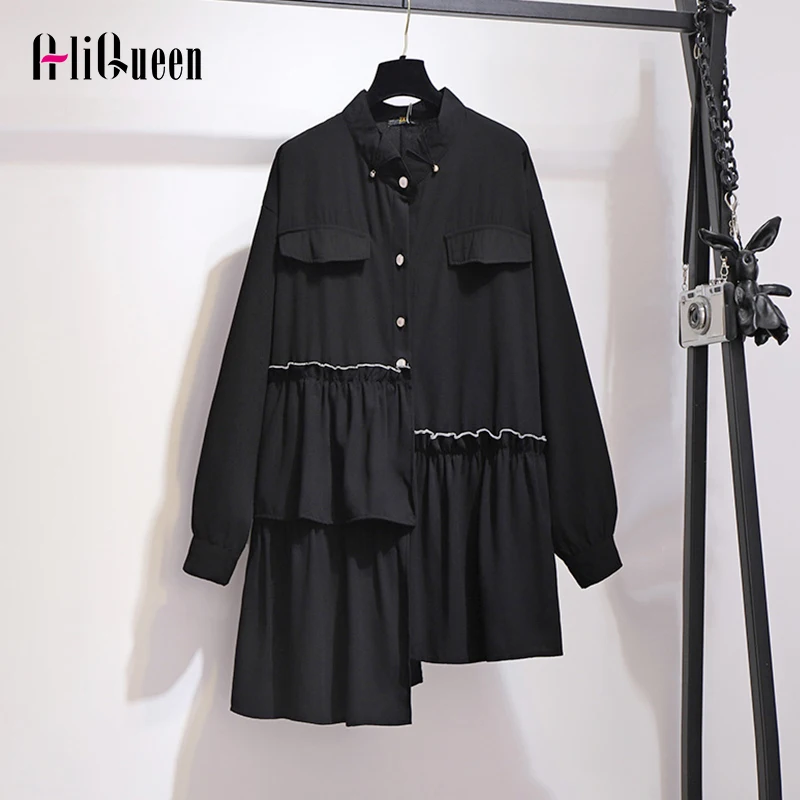 

Женская Черная Асимметричная рубашка с оборками, топы, корейская мода, свободная однобортная рубашка с длинным рукавом и прострочкой, однотонные Блузы для женщин