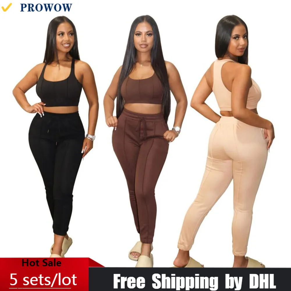 

Casual Women Sport Suit Wholesale Simple Solid Lady Tracksuit Bodycon 2 Pcs Set Sleeveless Matching Outfit Crop Top + Pants 8082
