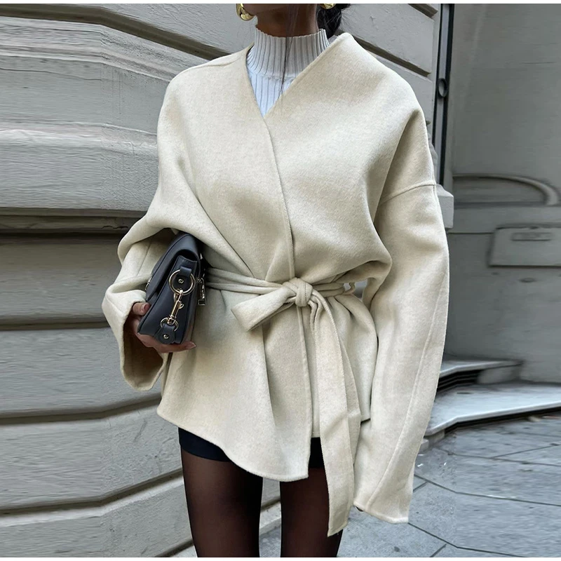 Elegant Woolen Long Sleeve Coat With Belt Women Loose Casual V-neck Solid Short Overcoat Autumn Vintage Lady Thick Warm Outwear
