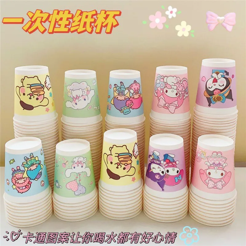 Kawaii Sanrio Disposable Paper Cups Kuromi Cinnamoroll Cute Anime Office Home Thickened Hot Cold Drinking Mug Toys for Girl Gift