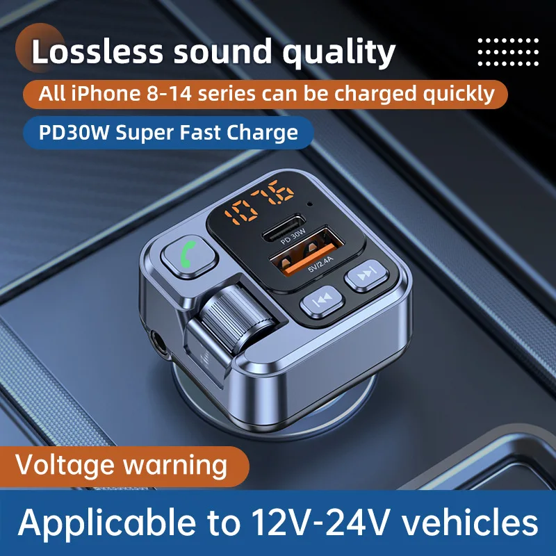 Car FM Transmiter Bluetooth Receiver USB U Disk Read PD30W Fast Charging Car Mobile Phone Adapter Support AUX audio input