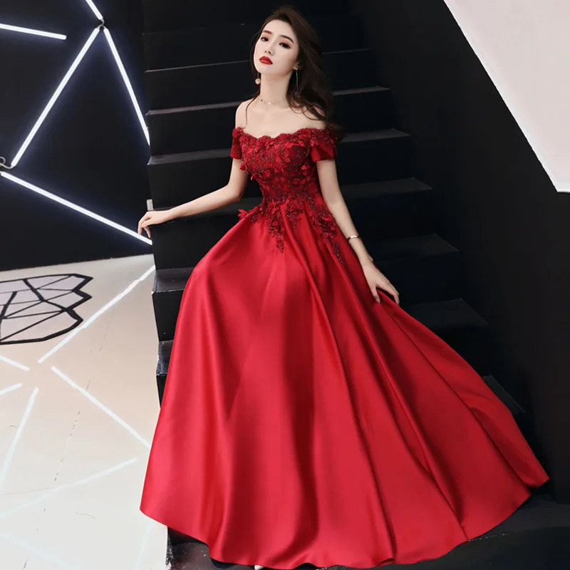 

Wedding Toast Dress Long 2020 New Summer off-Shoulder Trailing Appreciation Dinner Evening Dress Red Noble Elegant