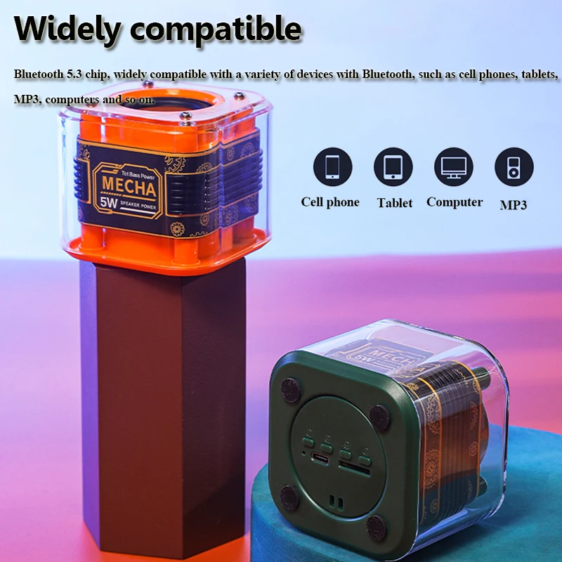 Mini Transparent Bluetooth Speaker Mecha Style Hifi Sound Music Box Wireless TWS Connection MP3 Music Player Support TF Card Pla