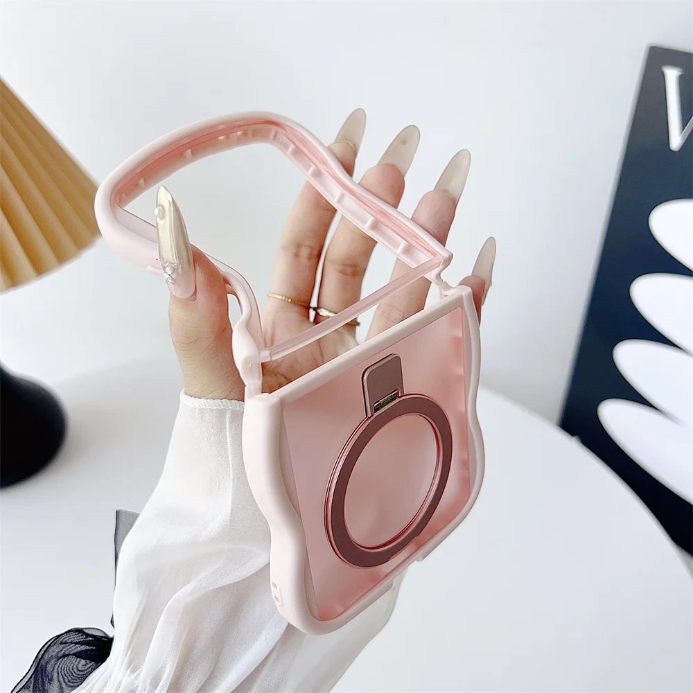 Luxury Wave Frame Magnetic Folding Stand Phone Case - Solid Color Matte Translucent Protective Cover