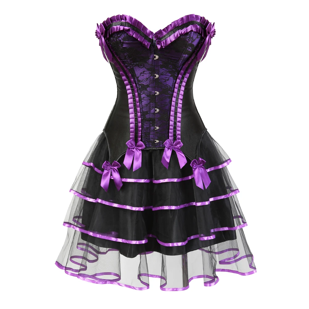 

Gothic Corsets Dress Sexy Victorian Lace Up Corset Bustiers with Tutu Skirt Sets Vintage Corselete Girl's Party Dress Purple Red