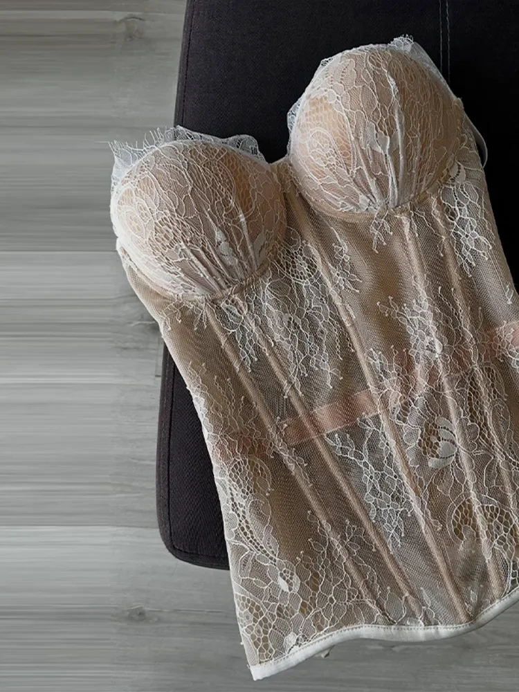 Damen Transparentes Spitzen-Korsett-Top Schwarzes Bustier mit Knochenverstärkung Trägerloses Oberteil Sweetheart-Ausschnitt Party Crop Top Frühlings-Outfit Clubwear Damenkleidung – Detail 4