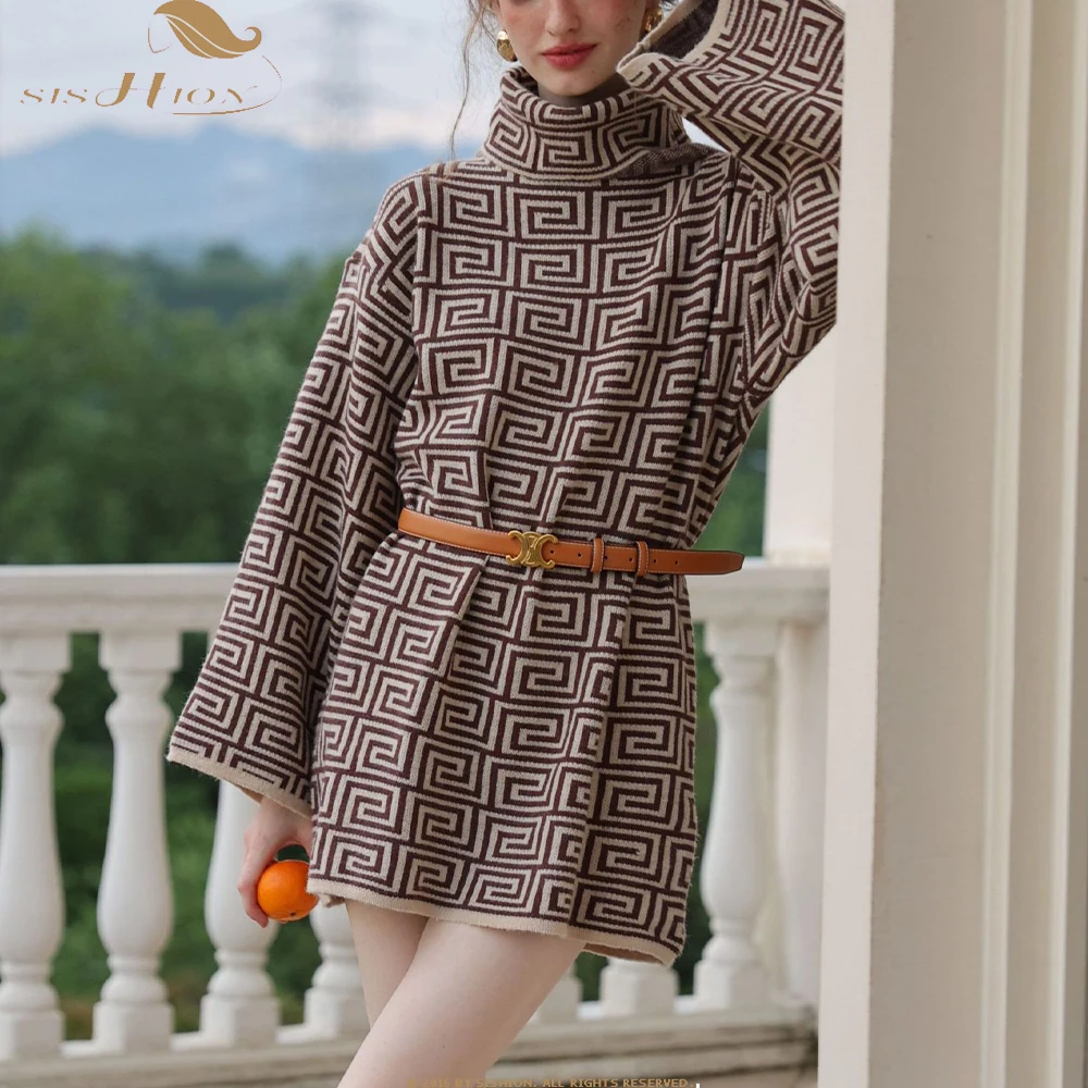 

Autumn Winter Elegant A-Line Sweater Dress Women Striped Print Lantern Sleeve Knitted Dress Vestidos Robe Femme Clothing SR1319