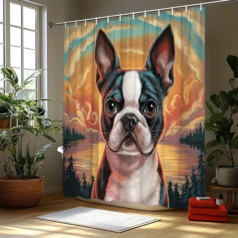 ผ้าม่านอาบน้ำบอสตัน เทอร์เรียร์ ซันเซ็ท เลค - ศิลปะที่มีชีวิตชีวา, โพลีเอสเตอร์,70.8x70.8 นิ้ว, ซักได้และตากด้าย, ตกแต่งห้องน้ำอย่างมีศิลปะ 1