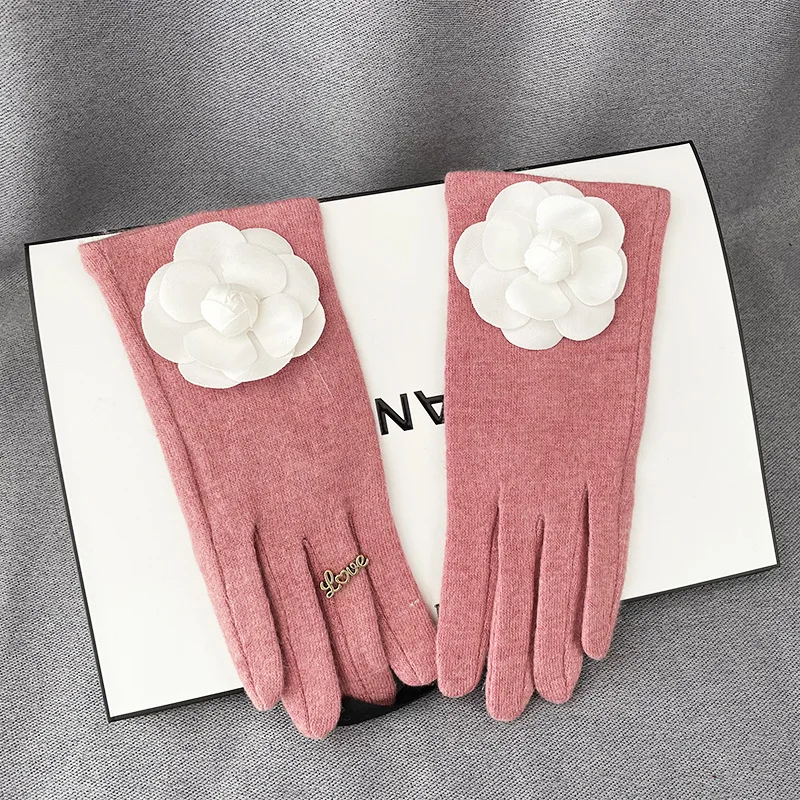 Korean Flower Pearl Wool Warm Gloves For Sports Women\'s Winter Outdoor Driving Plus Velvet Thicken Touch Screen Cashmere Mittens