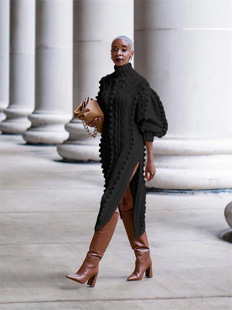 Wmstar 2024 Winter Women's Casual Pullover Long Sleeve High Neck Slit Knitted Good Quality Long Dresses Wholesale Dropshipping