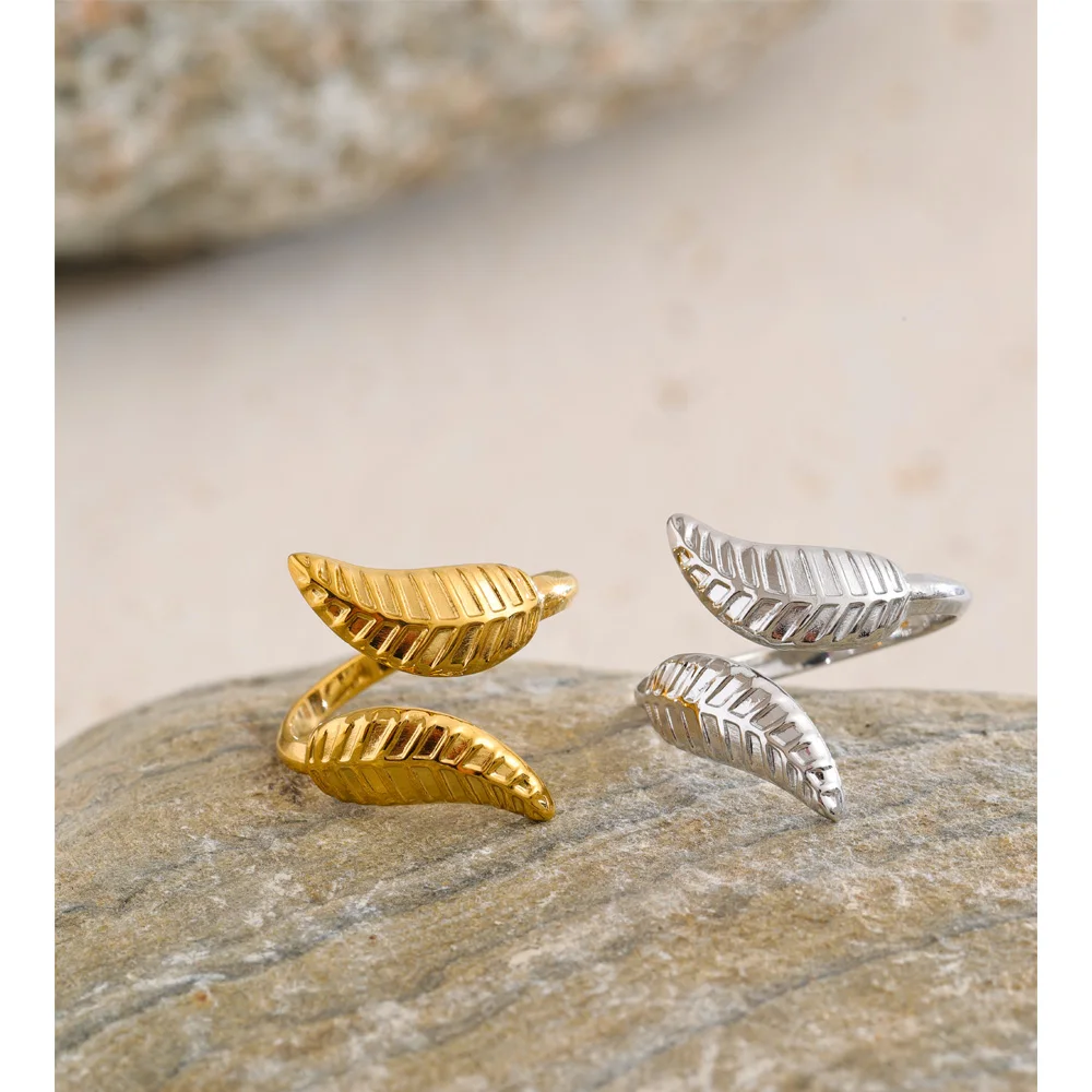 Yhpup Adjustable Stainless Steel Leaf Ring Gold & Platinum Plated