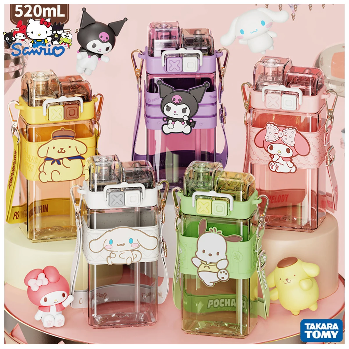 

520ml Sanrioed melody Onpompurin Kuromi Cinnamoroll plastic Bottle Double drink cup students Cartoon large capacity water bottle