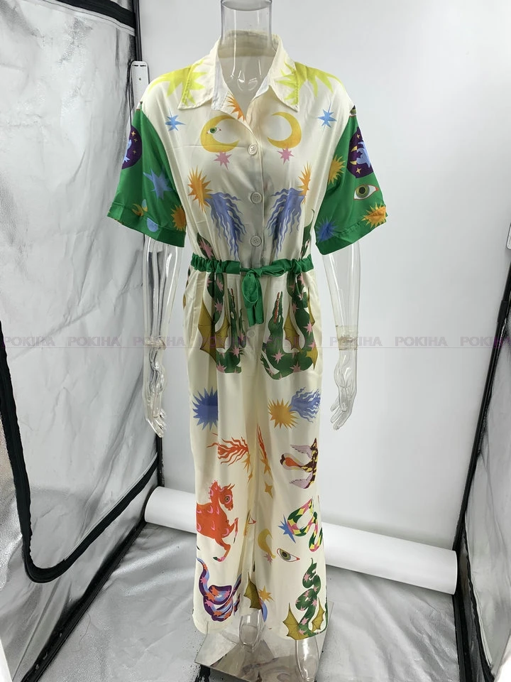 

Women Polo Collar Jumpsuit Loose Chic Clothing Vintage Printed Graphic Short Sleeve Casual Drawstring Long Pants Elegant