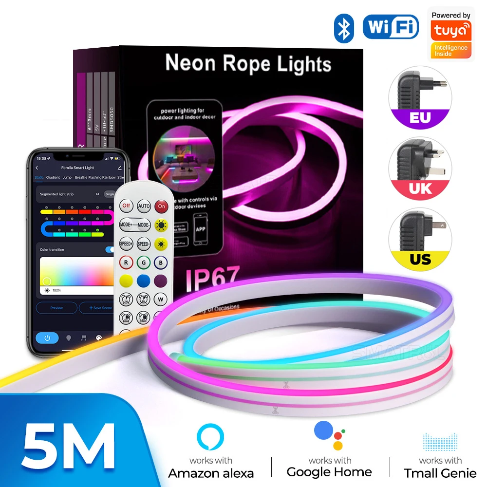 

Tuya WIFI Smart LED Neon Strip Light Bluetooth APP Remote Control Voice Timing RGB Silicone Neon Rope Light TV Ambient Backlight