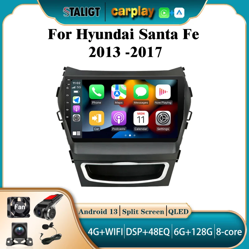 Фото Android 13 для Hyundai Santa Fe 2013 -2017 мультимедийный автомобильный Carplay Android автомобильное беспроводное Авторадио Стерео автомобильный аудиоплеер №1