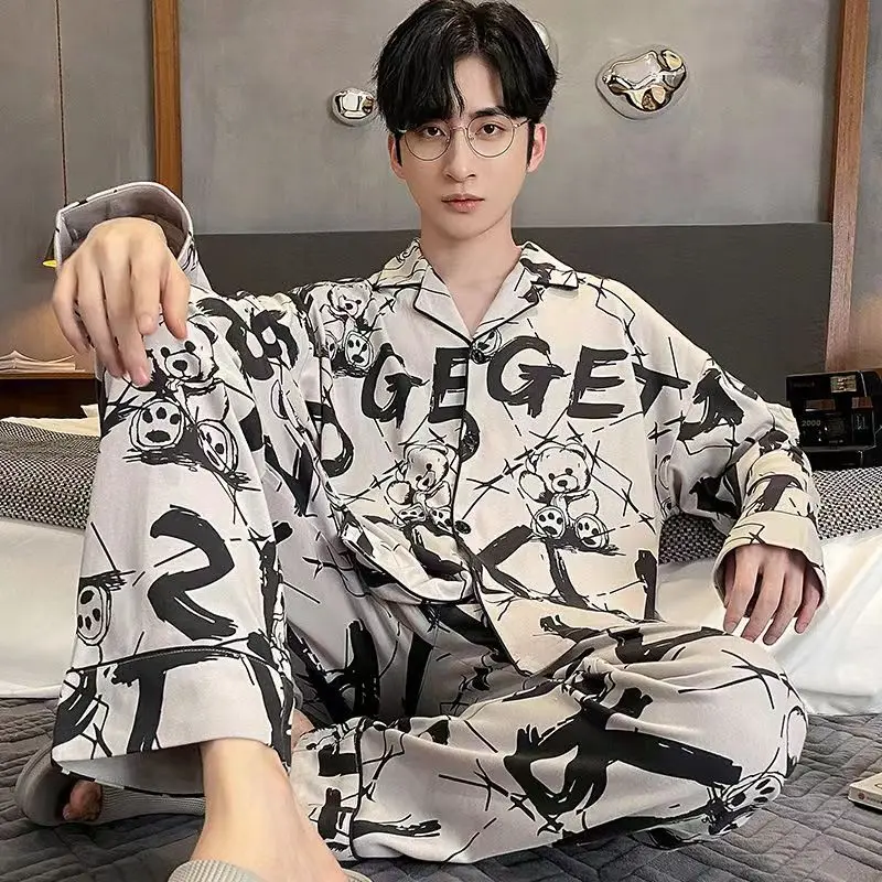 Fashion Men Homewear Long Pants Spring Pijama Cardigan Rabbit Cartoon Sleepwear for Student Cool Home Clothing Casual Pajamas family couple matching pajamas set women men home clothing casual sleepwear long sleeves pants spring pyjama party cozy cardigan