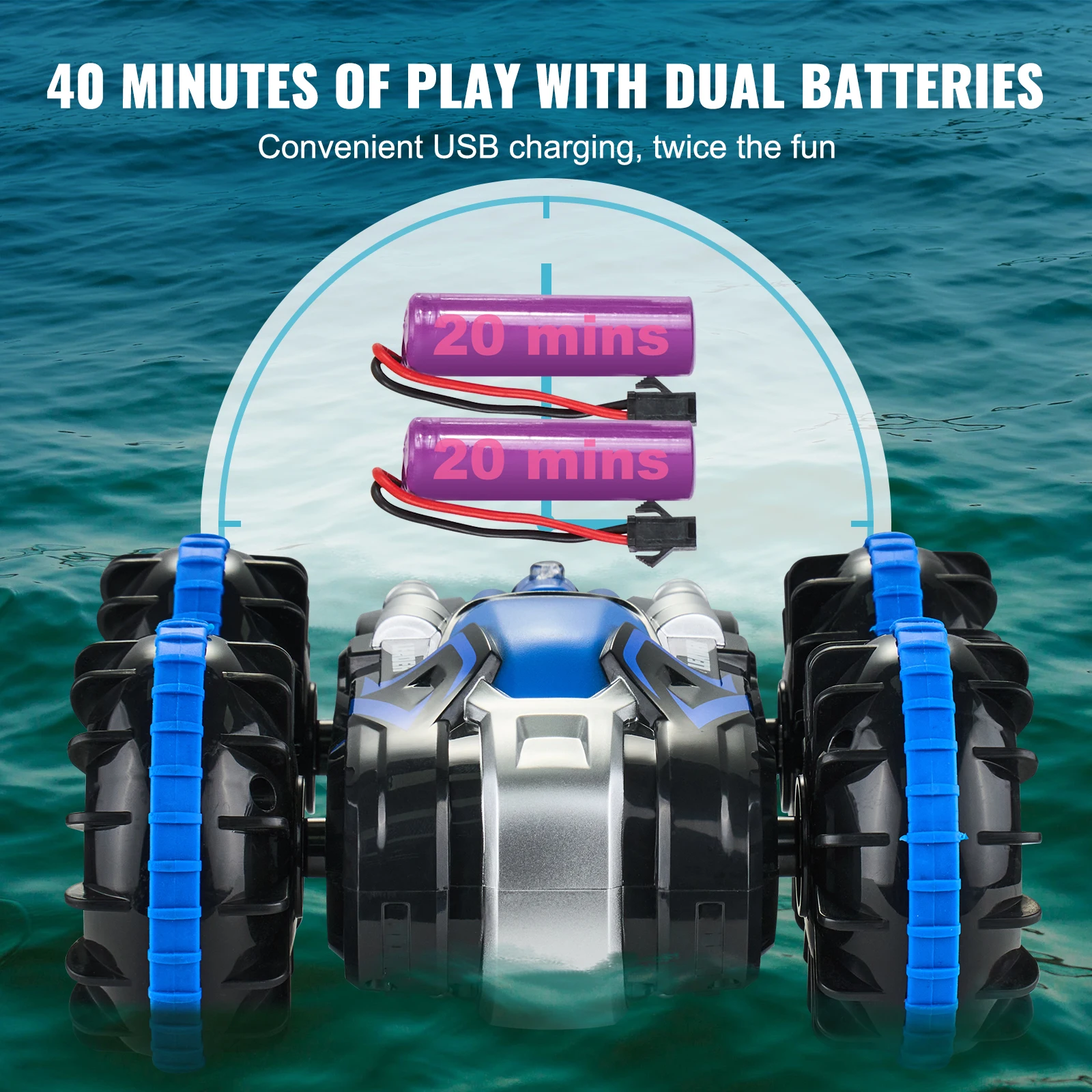 VEVOR Amphibious RC Car Boat 2.4GHz 12 km/h Electric Remote Control 360° Rotating Stunt Car Water Beach Pool Toys Boys Gifts 6