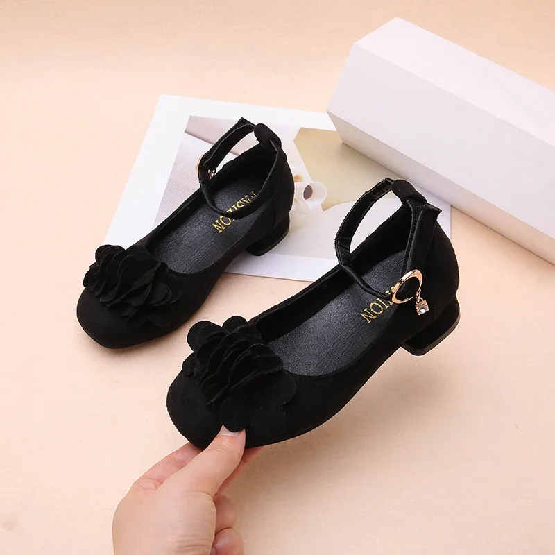 Black Leather Ankle Strap High Heels for Kids School Uniform