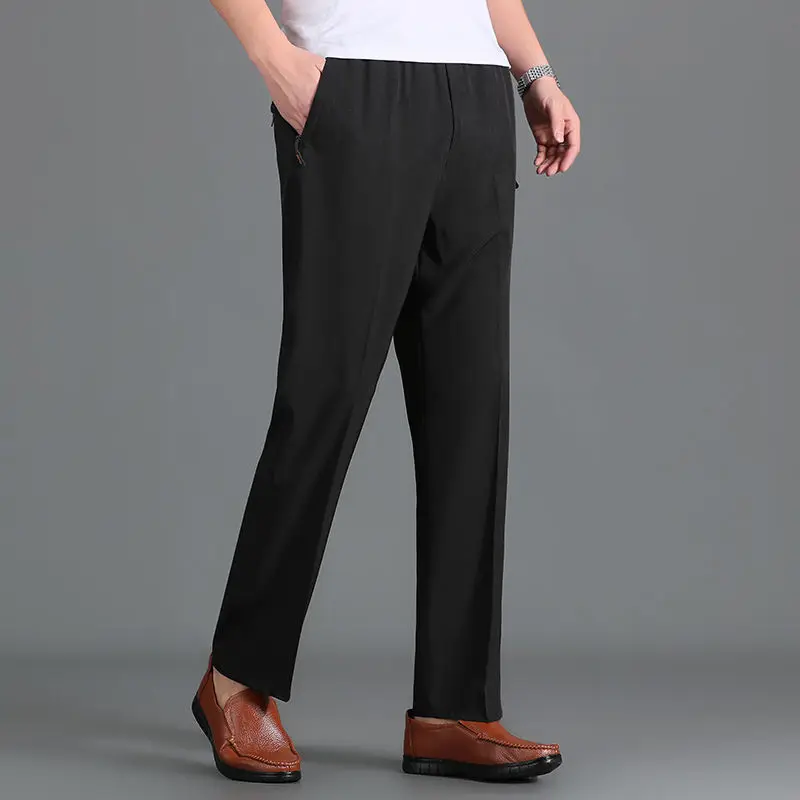 Summer New Vintage Ice Silk Men Casual Straight Pants Solid Elastic Waist Button Patchwork Pockets Loose Versatile Thin Trousers
