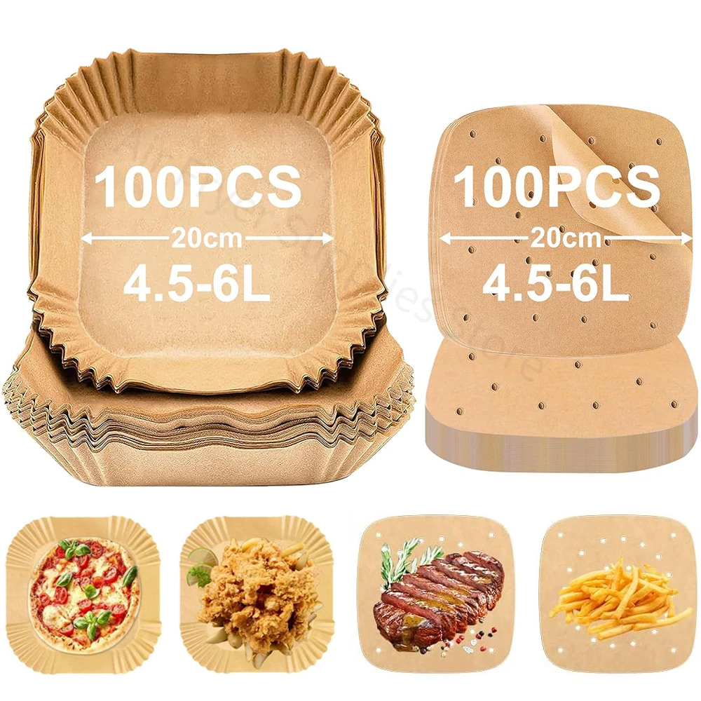 Air Fryer Disposable Paper 20cm Square Perforated Papers Non-Stick Parchment Baking Paper for Deep Fryers Air Fryer Accessories