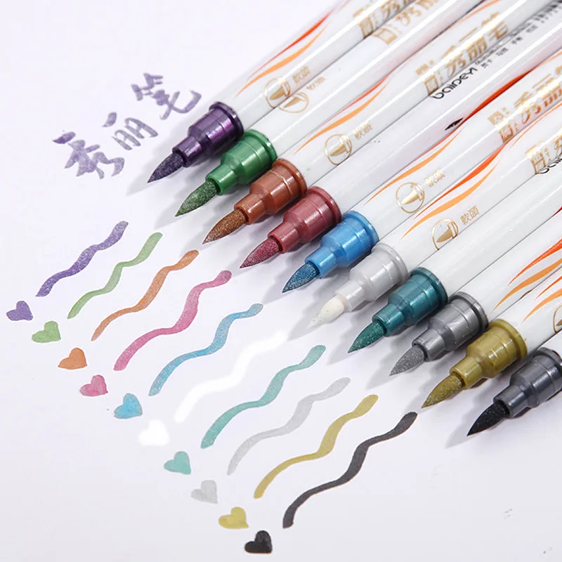 10 Colors/Set Fine Point Brush Pen Metallic Marker Pens Double Tip