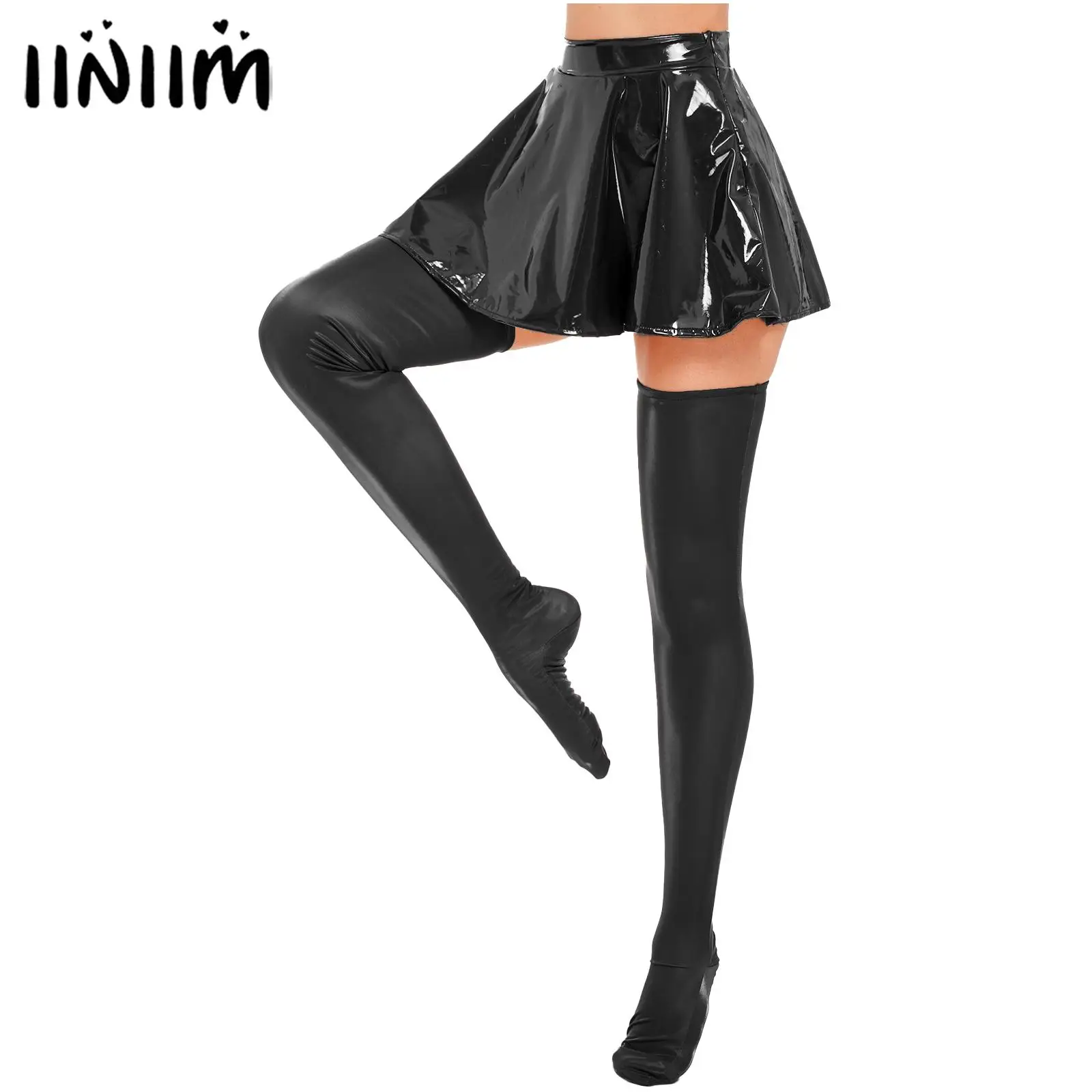 

Womens Glossy Patent Leather Flared Skirt Club Dance Performance Invisible Zipper A-Line Mini Skirts with Thigh High Stockings