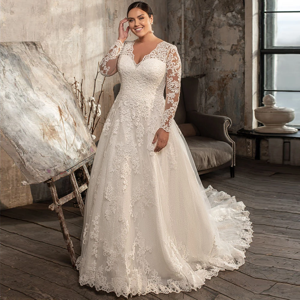 gown for wedding Plus Size Wedding Dress 2022 Illusion Long Sleeves A Line V Neck Lace Wedding Gown Court Train Lace-up Applique Bridal Dresses reception dress for bride