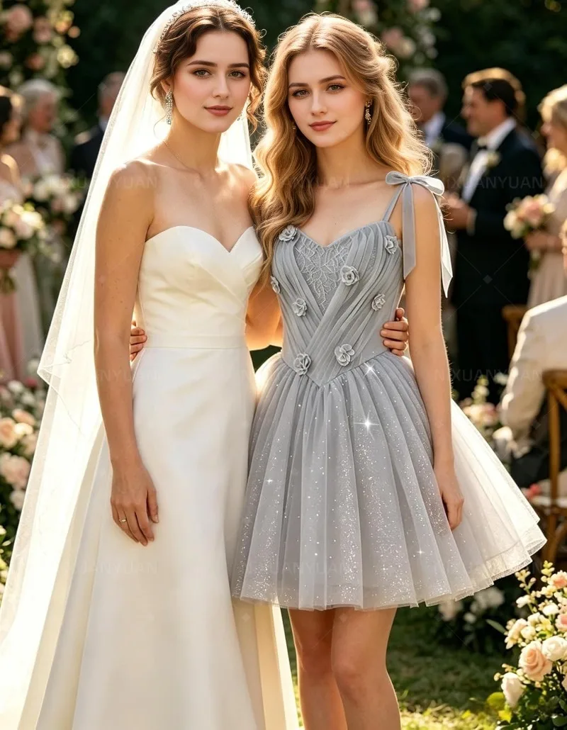 Short Homecoming Dresses Pleated Tulle Off Shoulder Prom Dresses for Quince Glitter Flower Bow Strap Cocktail Dress Customized - 3