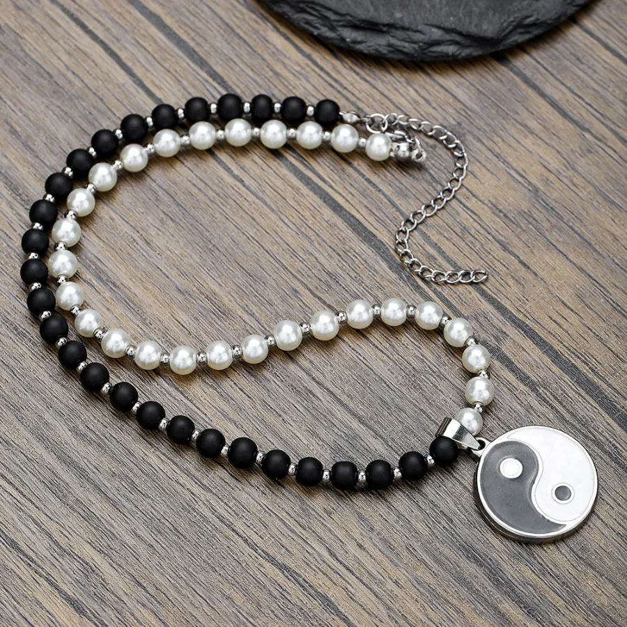 Men Black White Stone Tai Chi Pendant Necklace