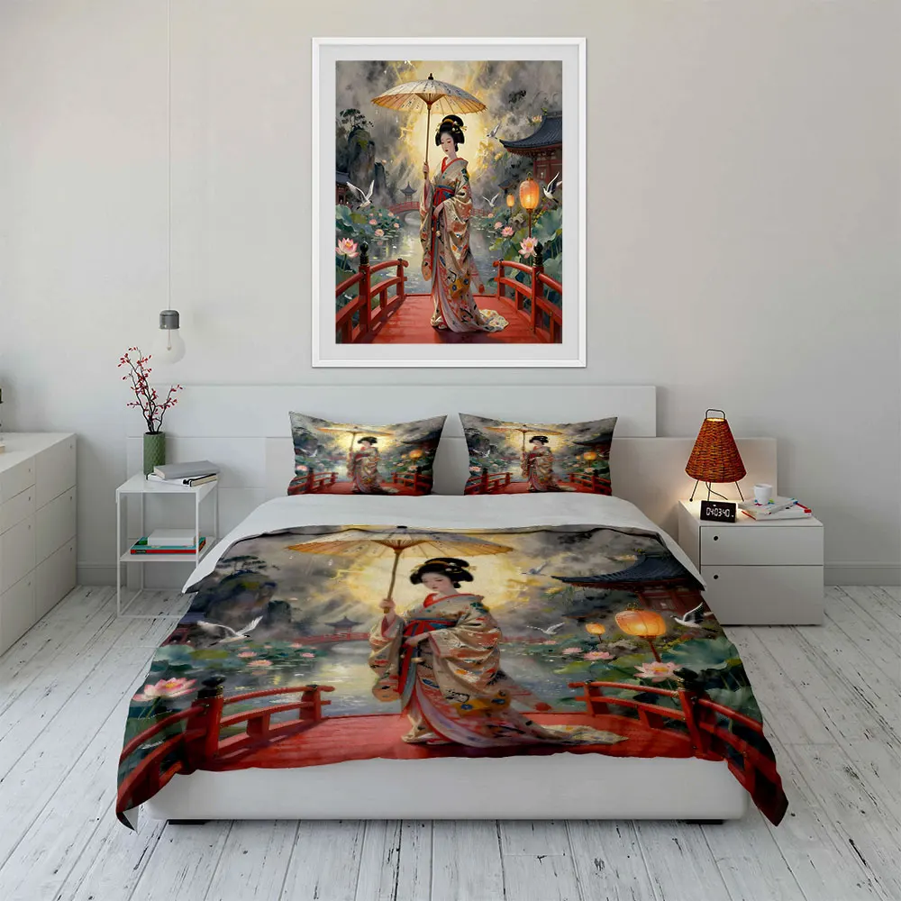 Woman in kimono holding umbrella Printed Duvet Cover Set1 Duvet Cover+2 PillowcaseMulti Size Bedroom Bedding Decor 4
