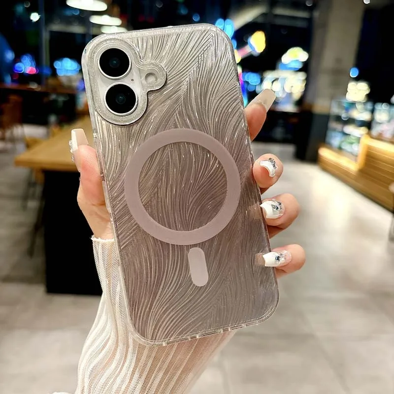 Coque de téléphone de luxe à dégradé laser avec plumes et diamants pour iPhone 16 15 14 13 Pro Max 16pro Glitter Magnetic Cover_voghion.com