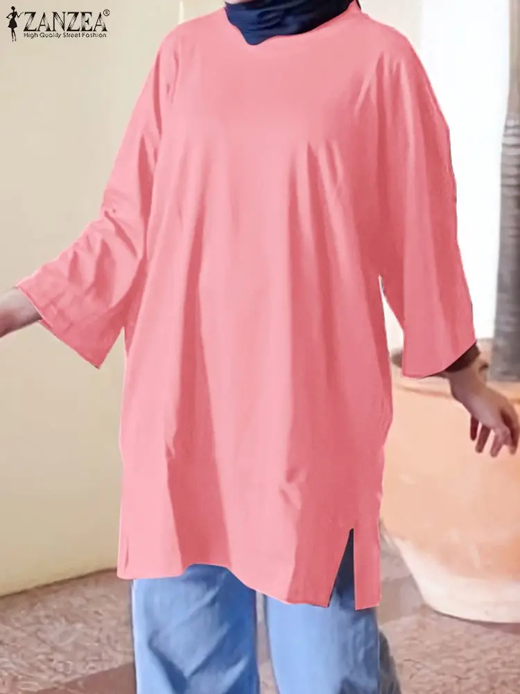 

ZANZEA Fashion Eid Mubarek Muslim Blouse O Neck 3/4 Sleeve Tops Woman Elegant Solid Chemise Female Casual Kaftan Shirt Oversized