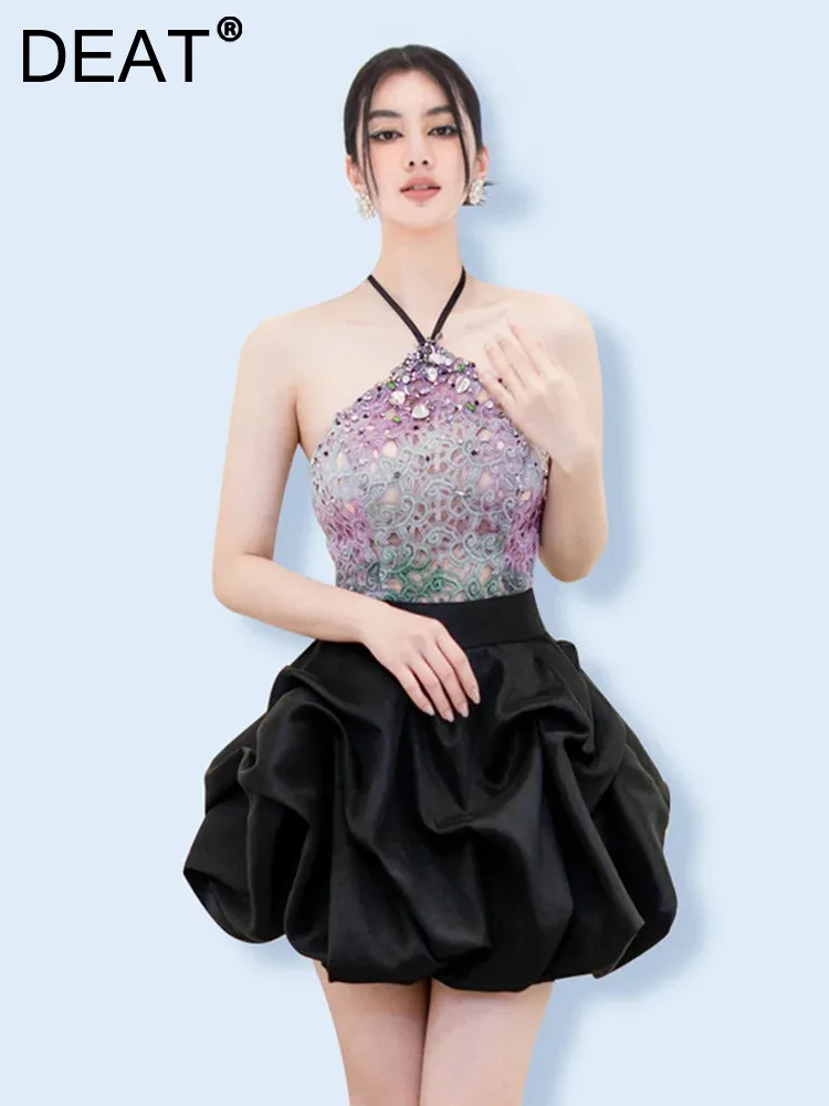 

DEAT Gradient Hollow Dress Guaze Wedding Party Patchwork Sleeveless A-line Hanging Neck Dresses Lady Female New 2024 15G6695