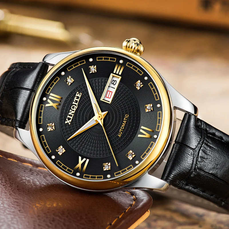 39MM Two Tone Mens Watch Automatic Mechanical Movement Male Clock Complete Calendar Luminous Wristwatch Leather Strap Watch