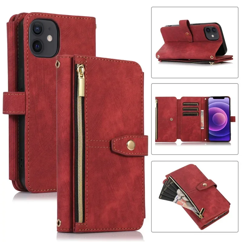 Elegant Flip Leather Phone Case with Long Lanyard and Zipper Wallet