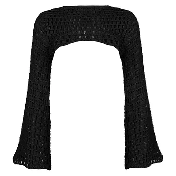 Women Y2k Crochet Knit Hollow Out Crop Top Long Flared Sleeve Shrug Sweater Mesh Cover Ups Cardigan Streetwear