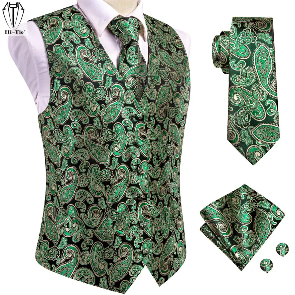 Hi Tie Green Paisley Silk Mens Vest Hankerchief Cufflinks Set Jacquard