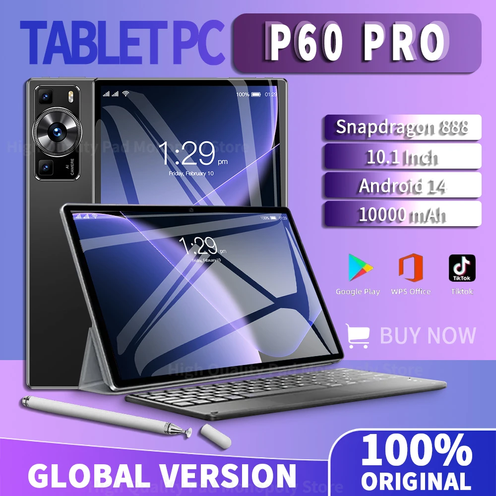 

2024 Global Version NEW Original P60 Pro Tablet Android 14 16GB+1TB 10.1 Inch Snapdragon 888 5G Dual SIM Card WIFI HD 4K 5G