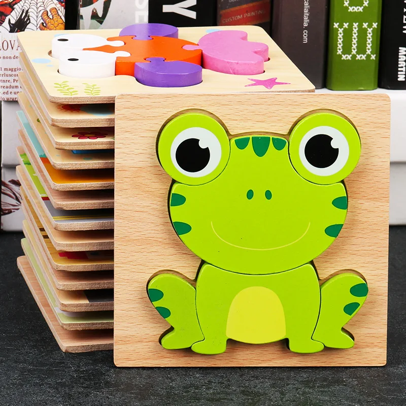 Baby 3D Wooden Puzzles Educational Cartoon Animals Early Learning Intelligence Puzzle Game Toys for Children
