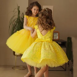 Yipeisha Yellow Sequin Kids Party Gown Cap Sleeve Scoop Girl's Ceremonial Dress Ball Glitter Little Baby Flower Girl