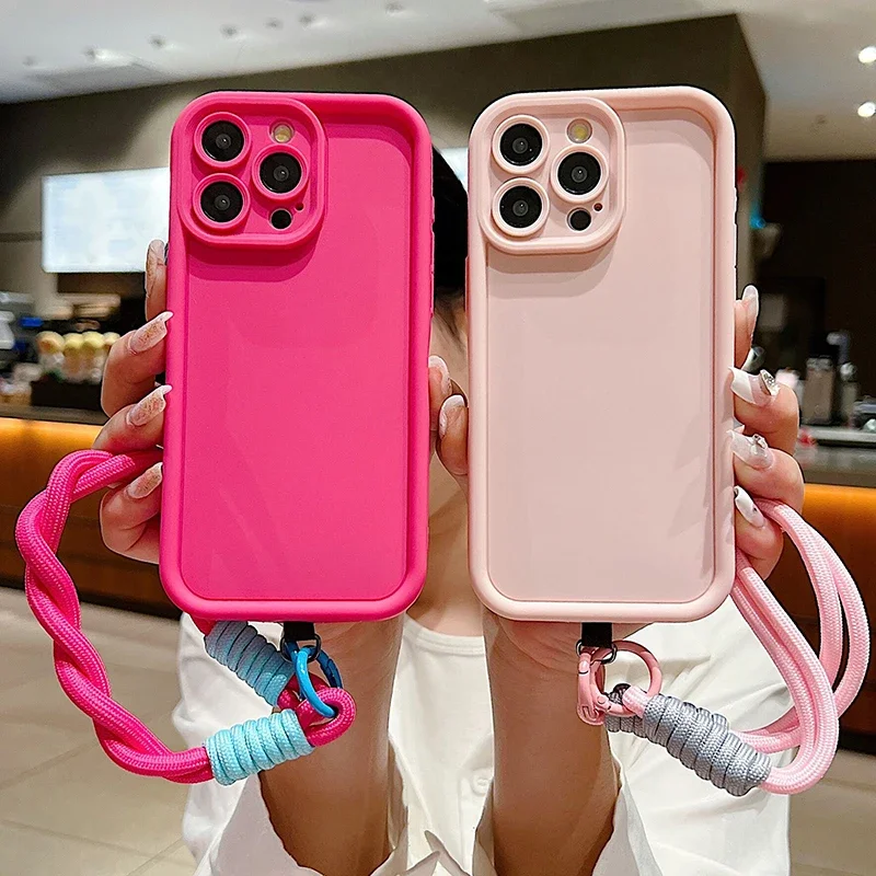 Luxury Matte Soft Lanyard Rope Phone Case For iPhone 15 14 13 12 11 16 ...