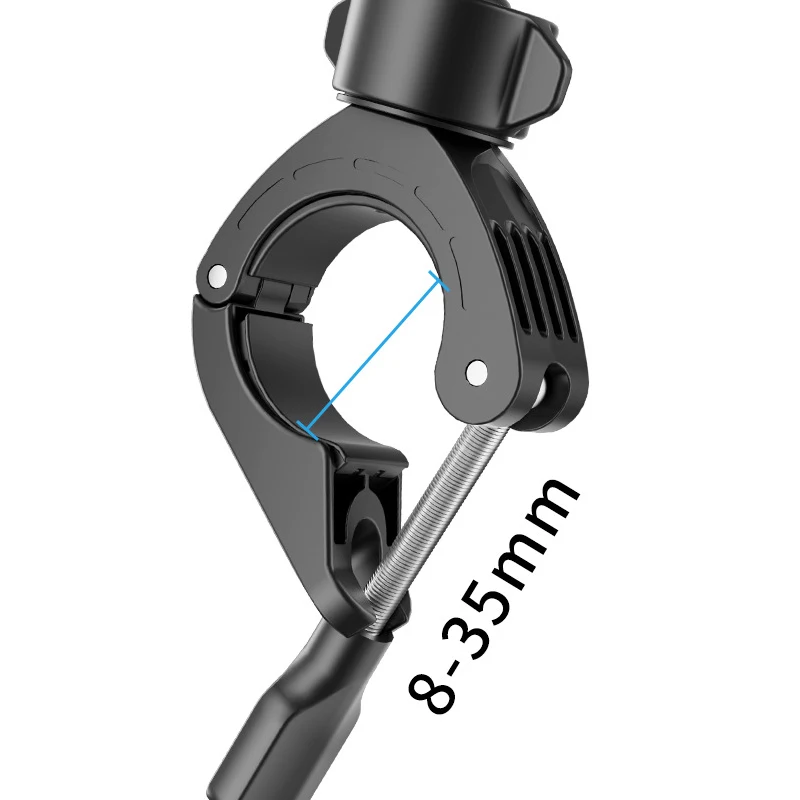 Support de fixation pour guidon de vélo et moto en gros plan, montrant le mécanisme de serrage et une Insta360.