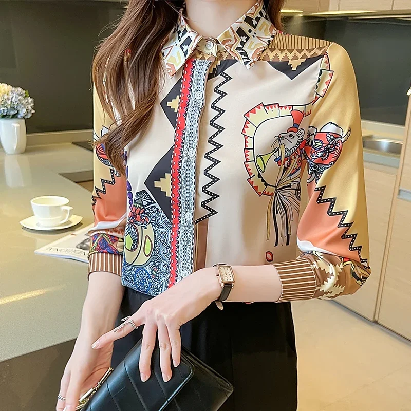 

Satin Vintage Women's Shirt Silk FASHION Blouses Spring/Summer Full Ladies Polo-neck Clothing Loose Tops YCMYUNYAN