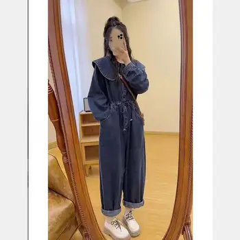 Jumpsuits Women New Fashion Korean Autumn Spring Jeans Doll Collar Solid Full Length High Waist Loose Jump Suits for Girls