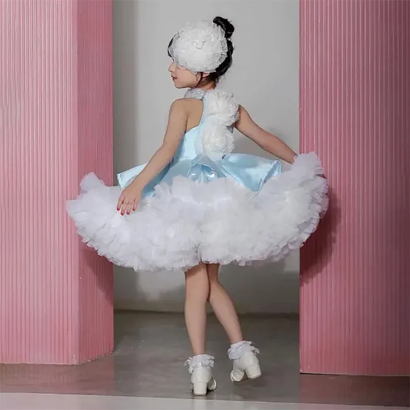 Blue puffy flower girl dress Wedding Tulle Knee Length Layered Kids Birthday Ball Gown First Communion