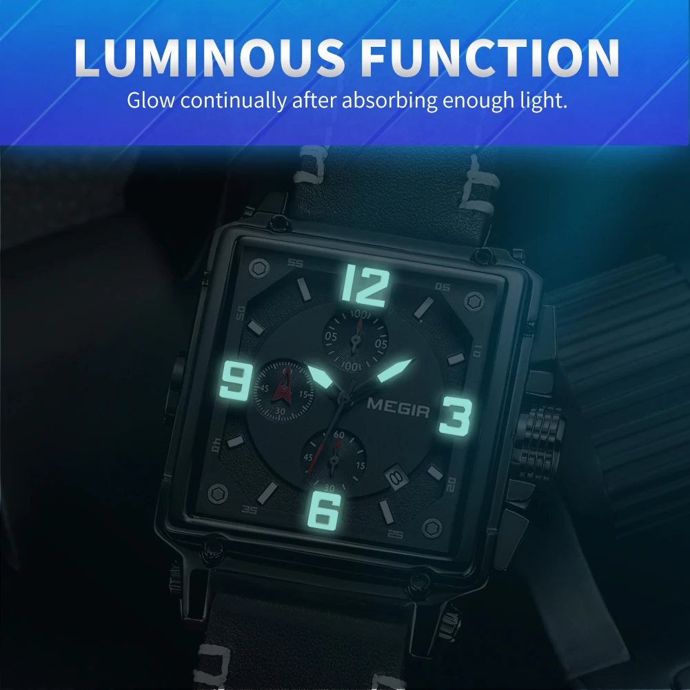 MEGIR Original Fashion Square Quartz Watches Men Sports Military Wristwatch Calendar Waterproof Chronograph Male Montre Homme - 6
