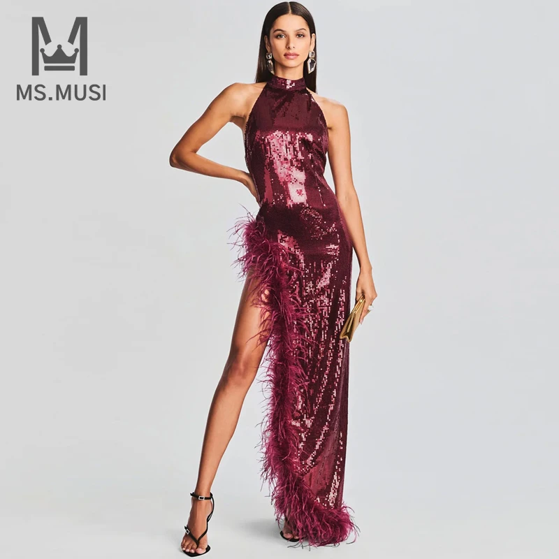 

MSMUSI 2024 New Fashion Women Sexy Halter Feather Sequins Draped Sleeveless Backless Bodycon Party Club Event Slit Maxi Dress