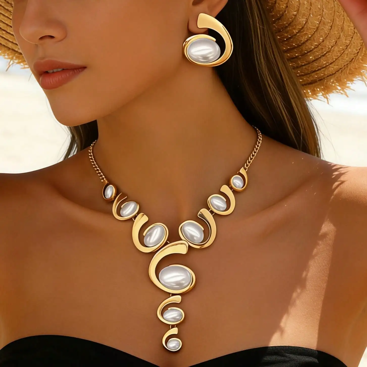 Luxury Pearl Necklace And Earring Set 2-Piece Set Exquisite Geometric Design Evening Party Accessory with Lightweight Metal Curv - 6