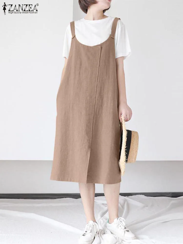 

ZANZEA 2023 Summer Sundress Fashion Women Suspender Skirts Casual U-Neck Sleeveless Dresses Holiday Linen Pockets Overall Dress