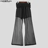 INCERUN Men Casual Long Pants 2024 Streamers Belt Mesh Splicing Trousers Hansome Male Wide Leg Bottoms Simple See Through Pants 2